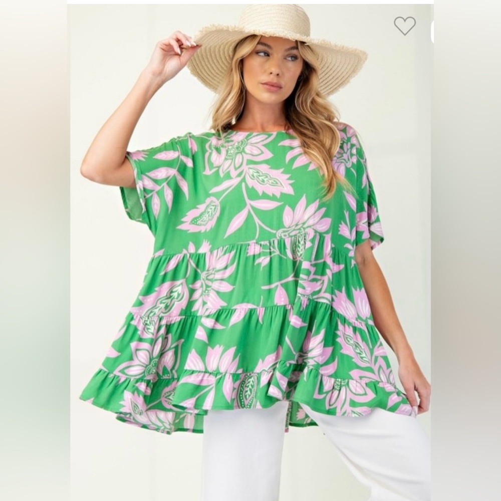NWT Easel Boho Vibrant floral oversized tiered top size S